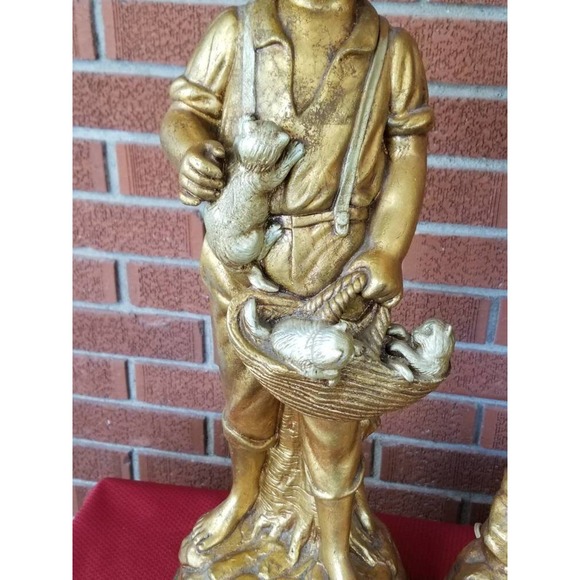 MCM Gold Gilt Chalkware Boy With Kittens Girl With Puppies Lamp Set - Picture 5 of 8